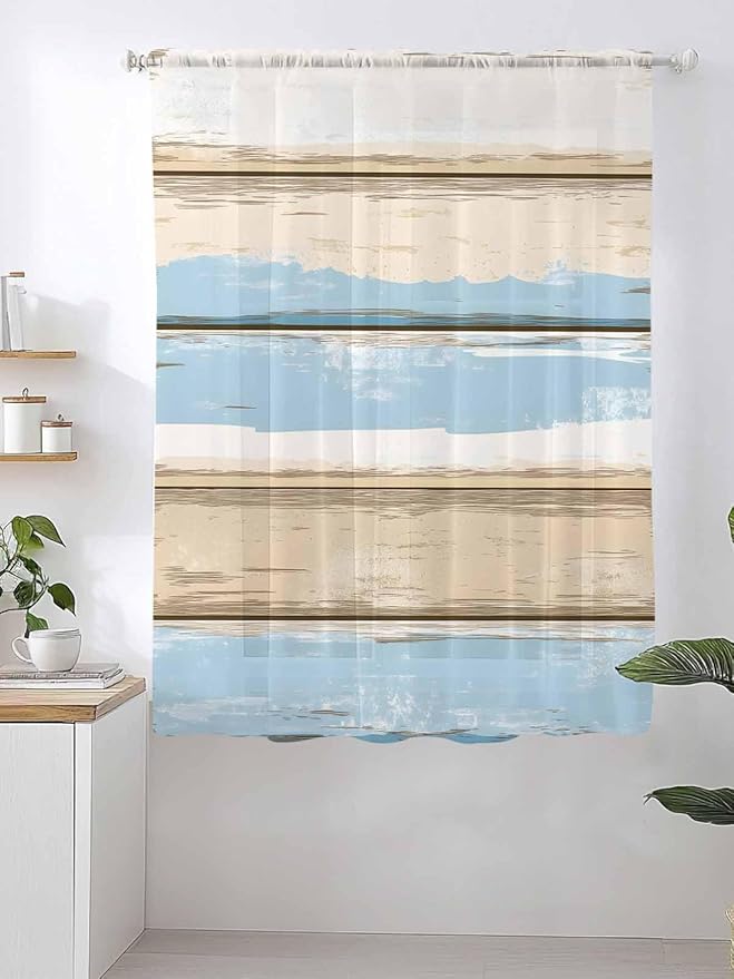 Sheer Curtains 72 Inches Long, Vintage Geometric Blue Semi Sheer Curtains Light Filtering Window Treatment, Abstract Country Shabby Wood Grain Privacy Voile Drapes for Living Room Bedroom 52x72 Inch