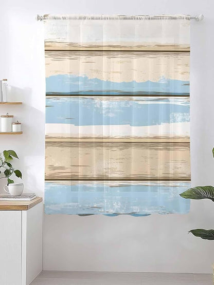 Sheer Curtains 72 Inches Long, Vintage Geometric Blue Semi Sheer Curtains Light Filtering Window Treatment, Abstract Country Shabby Wood Grain Privacy Voile Drapes for Living Room Bedroom 52x72 Inch