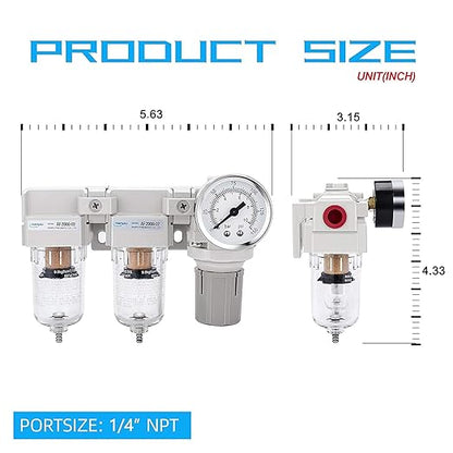NANPU 1/4" NPT Air Drying System - Double Air Filters, Air Pressure Regulator Combo - Semi-Auto Drain, Poly Bowl