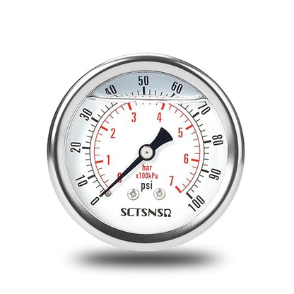 2-1/2" Dial Size, 0-100 Psi Pressure Gauge, Glycerin Liquid Filled, 1/4" NPT Back Mount, Stainless Steel Case, for Water Pump, Pneumatic Air, Well Tank, RV Hose, Gas, Low Pressure Test