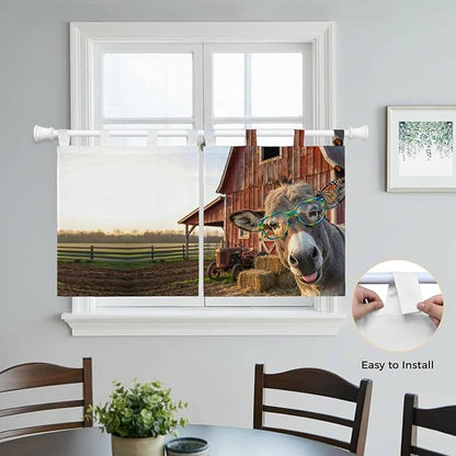Farm Donkeys Kitchen Curtains 36 Inch Length, Small Window Curtains Tab Top, Farmhouse Barn Funny Animals Butterfly Light Filtering Short Window Treatments Tier Drapes 27.5"x36" 2 Panel