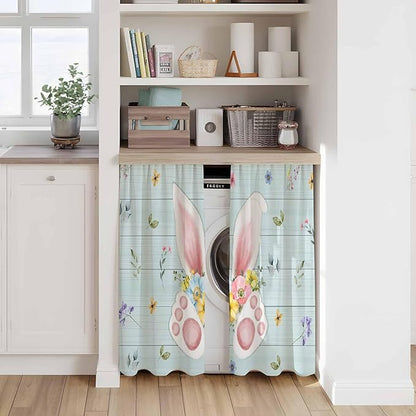 Easter Kitchen Curtains 54 Inch Long 2 Panel Set, Rod Pocket Window Curtains Panels, Spring Rabbits Ears Feet Flowers Wooden Grain Light Filtering Privacy Draperies for Bedroom Laundry 42"W x 54"L