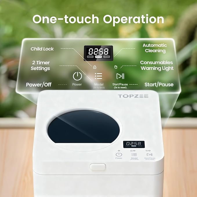 TOPZEE Electric Compost Bin for Kitchen - 3L Countertop Composter with Odorless Auto-Cleaning, Turns Food Waste to Fertilizer in 4 Hours, for Indoor Home Use, White