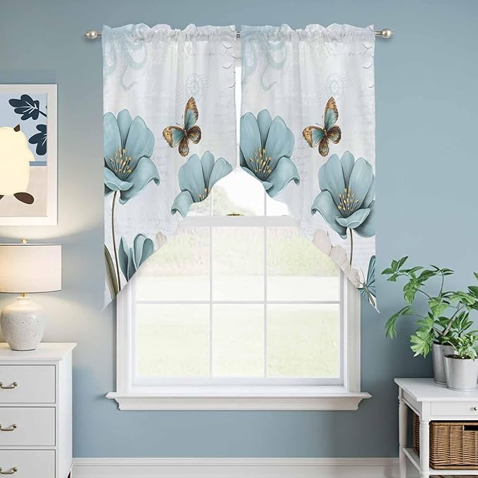 Blue Tulips Swag Valances for Windows, Watercolor Flowers Butterfly Spring Farmhouse Blue Rod Pocket Kitchen Curtains Valance, Kitchen Window Curtains Swag for Cafe Living Room, 2 Panels, 36x45 inch