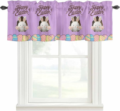 Purple Easter Curtain Valances for Windows, Kitchen Valance Window Treatment, Spring Cartoon Bunny Colorful Eggs Wood Grain Light Filtering Block Curtains for Bathroom/Bedroom/Living Room 42'' x 18''