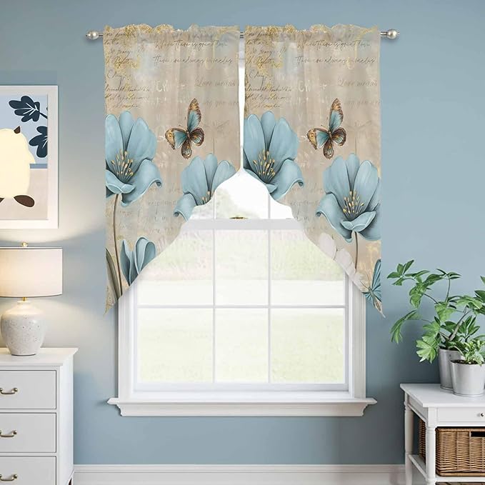 Spring Flowers Swag Valances for Windows, Vintage Rustic Tulips Floral Butterfly Khaki Rod Pocket Kitchen Curtains Valance, Kitchen Window Curtains Swag for Cafe Living Room, 2 Panels, 36x63 inch