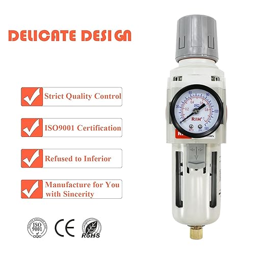RIH 3/8"NPT Air Filter Pressure Regulator Combo Piggyback, 5 Micron Brass Element, Poly Bowl, Semi-Auto Drain, Metal Bracket, 0-150 psi Gauge Air Tool Compressor Filter with Gauge (3/8"NPT)