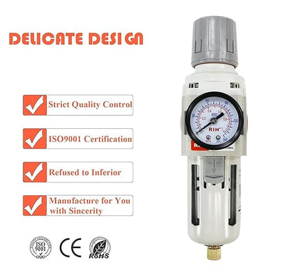 RIH 3/8"NPT Air Filter Pressure Regulator Combo Piggyback, 5 Micron Brass Element, Poly Bowl, Semi-Auto Drain, Metal Bracket, 0-150 psi Gauge Air Tool Compressor Filter with Gauge (3/8"NPT)