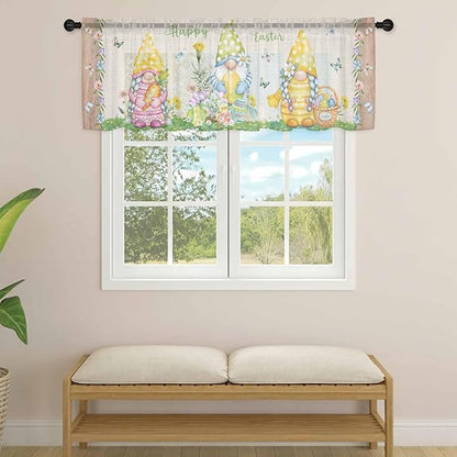 Easter Sheer Valances for Windows 42"x12", Light Filtering Kitchen Curtains Valance, Rustic Gnomes Duck Floral Colorful Eggs Wooden Grain Rod Pocket Chiffon Curtains for Living Room Bedroom Cafe