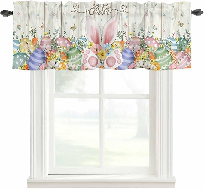Happy Easter Curtain Valances for Windows, Kitchen Valance Window Treatment, Spring Colorful Eggs Rabbit Ear Feet Flowers Light Filtering Block Curtains for Bathroom/Bedroom/Living Room 42'' x 18''
