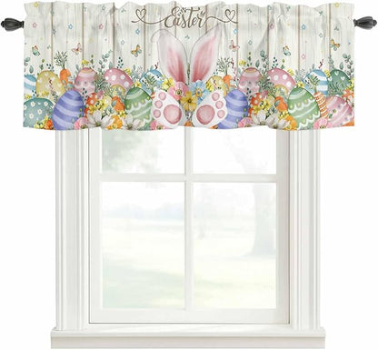 Happy Easter Curtain Valances for Windows, Kitchen Valance Window Treatment, Spring Colorful Eggs Rabbit Ear Feet Flowers Light Filtering Block Curtains for Bathroom/Bedroom/Living Room 60'' x 18''