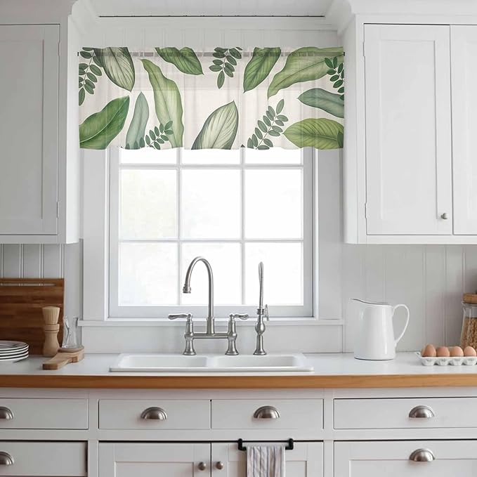 Summer Palm Leaf Sheer Valance Curtains, Green Tropical Plants Nature Leaves Linen Light Filtering Kitchen Valances Rod Pocket Voile Curtain Window Treatment for Bedroom/Living Room/Basement 54Wx18L
