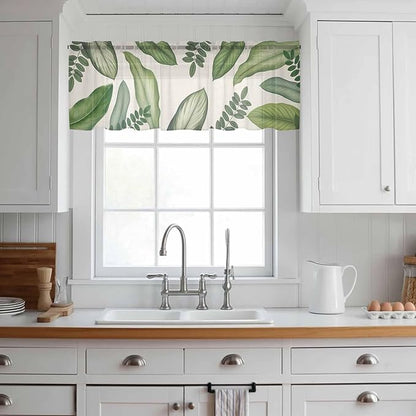 Summer Palm Leaf Sheer Valance Curtains, Green Tropical Plants Nature Leaves Linen Light Filtering Kitchen Valances Rod Pocket Voile Curtain Window Treatment for Bedroom/Living Room/Basement 54Wx18L