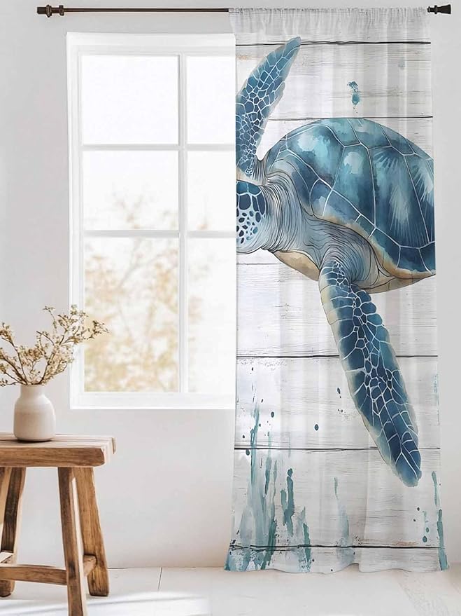 Sheer Curtains 96 Inches Long, Teal Green Ocean Turtle Semi Sheer Curtains Light Filtering Window Treatment, Coastal Seaweed Wood Grain Privacy Voile Drapes for Living Room Bedroom 52x96 Inch