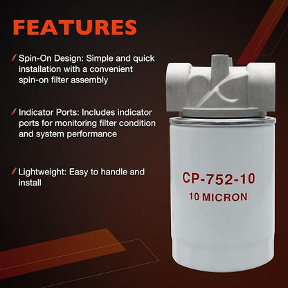 Spin-On Hydraulic Oil Filter Assembly 10 Micron with 3/4" NPT, Hydraulic Return Line Filter Housing for Petroleum-Based Fluids, 20 GPM, 200 PSI, Model 221006 Kit