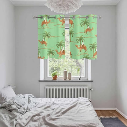 2 Panel Kitchen Cafe Curtains, Desert Camels Sunlight Filtering Nature Air Through, Home Decor Window Covering Tier Curtains for Living Room 55W x 39L inch Tropical Date Palm Trees Animal Green
