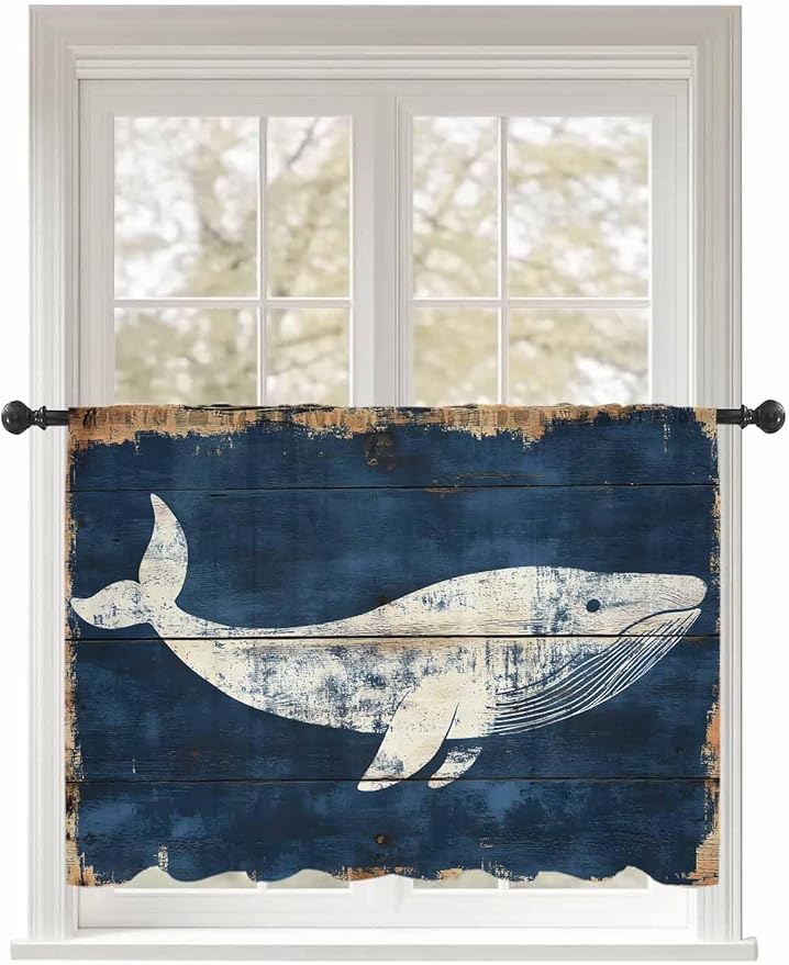Sheer Curtains 54 Inch Length, Ocean Whale Blue Semi Sheer Curtains Light Filtering Window Treatment, Summer Sea Vintage Wooden Grain Privacy Voile Drapes for Living Room Bedroom 52x54 Inch