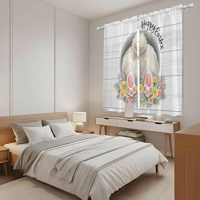 Easter Bunny Window Curtains 63 Inch Long 2 Panel Set,Rod Pocket Bedroom Curtains & Drapes,3D Optical Illusion Farmhouse Flower Wood Grain Light Filtering Window Treatment for Living Room 42"W x 63"L