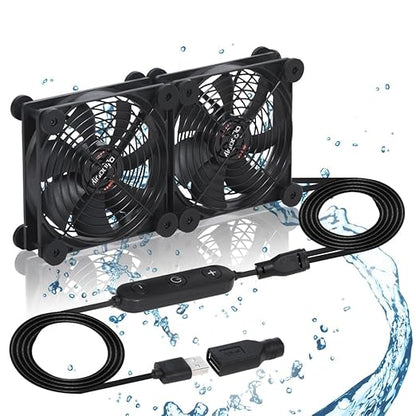 Dual 120mm Fan with 10 Speed USB 5V DC 12V IPX5 Waterproof Cooling Fan for Tablet TV Receiver Router DVR Xbox Greenhouse Kennel Computer Cabinet Component Cooling