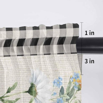 Blue Pink Floral Sheer Valance Curtains, Spring Summer Botanical Linen Black Plaid Light Filtering Kitchen Valances Rod Pocket Voile Curtain Window Treatment for Bedroom/Living Room/Basement 42Wx12L