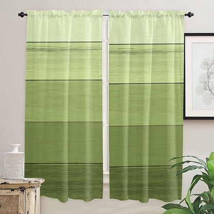 Gradient Green Wooden Board Window Valance Curtains, Retro Country Wood Grain Light Filtering Kitchen Valance with 3-inch Rod Pocket for Living Room Bathroom Bedroom,2 Panel,52x72In