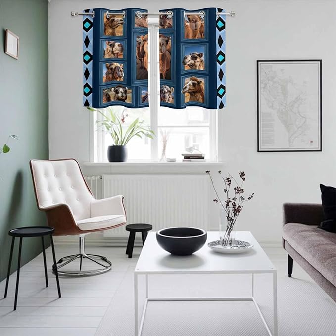 2 Panel Kitchen Cafe Curtains, Desert Camels Sunlight Filtering Nature Air Through, Home Decor Window Covering Tier Curtains for Living Room 55W x 39L inch Wildlife Brown Animals Blue Geometric