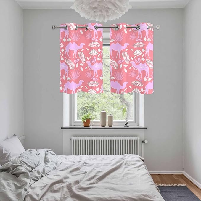 2 Panel Kitchen Cafe Curtains, Desert Camel Sunlight Filtering Nature Air Through, Home Decor Window Covering Tier Curtains for Living Room 55W x 39L inch Vintage Sand Camel Leaves Flower Pattern Pink