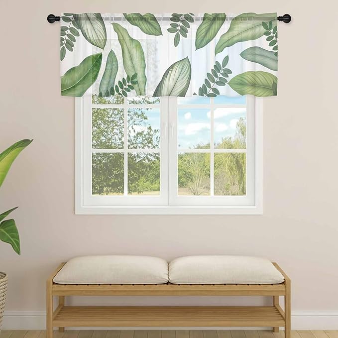 Summer Palm Leaf Sheer Valance Curtains, Green Tropical Plants Nature Leaves Modern Light Filtering Kitchen Valances Rod Pocket Voile Curtain Window Treatment for Bedroom/Living Room/Basement 42Wx12L