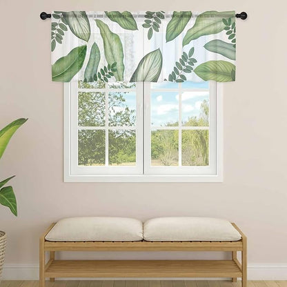 Summer Palm Leaf Sheer Valance Curtains, Green Tropical Plants Nature Leaves Modern Light Filtering Kitchen Valances Rod Pocket Voile Curtain Window Treatment for Bedroom/Living Room/Basement 42Wx12L