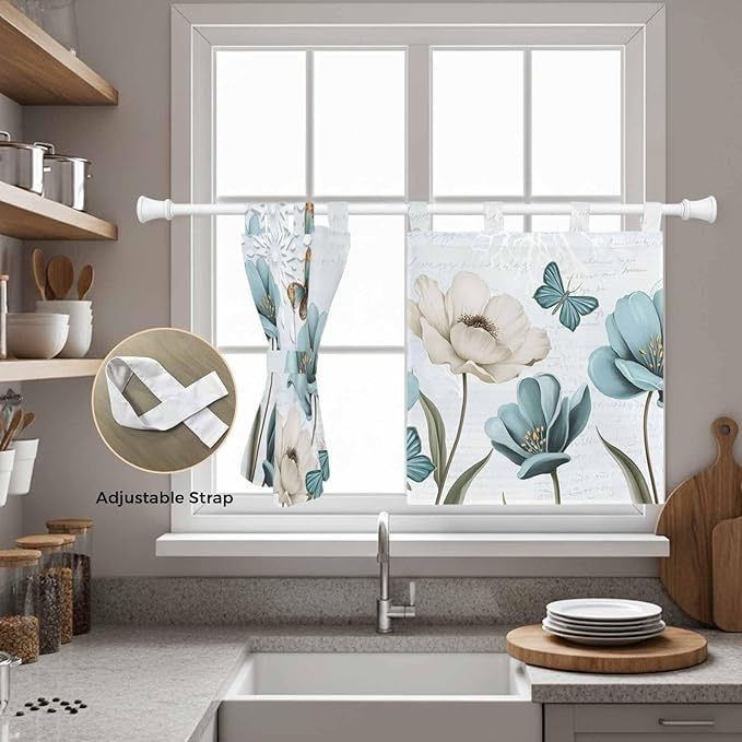 Blue Tulips Kitchen Curtains 36 Inch Length, Small Window Curtains Tab Top, Watercolor Flowers Butterfly Spring Farmhouse Blue Light Filtering Short Window Treatments Tier Drapes 27.5"x36" 2 Panel