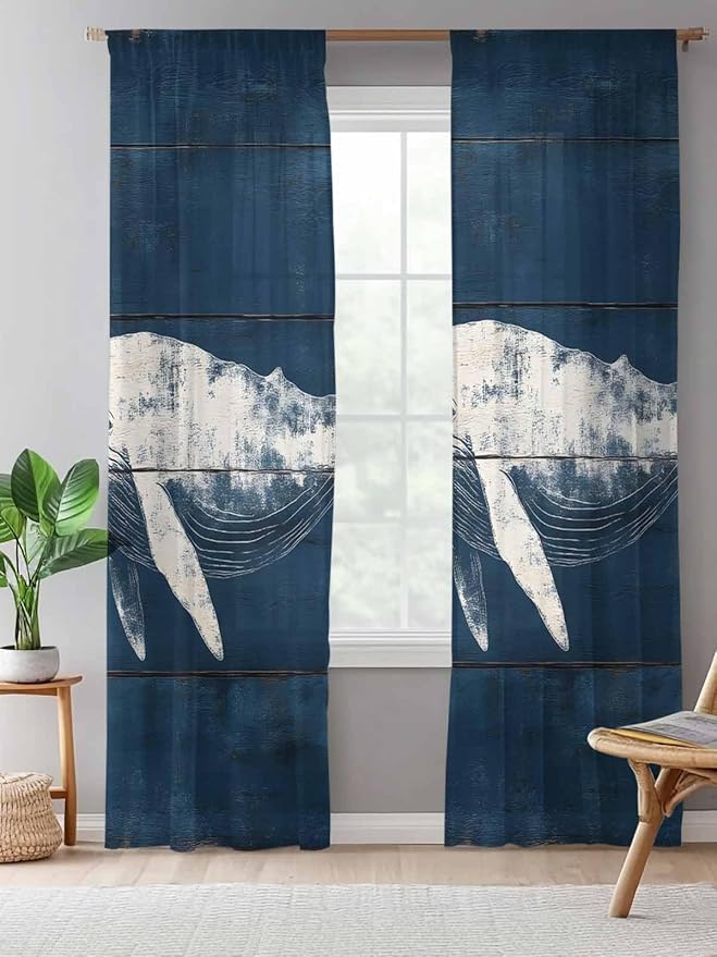 Sheer Curtains 108 Inches Long, Summer Whale Semi Sheer Curtains Light Filtering Window Treatment, Ocean Vintage Wooden Grain Blue Privacy Voile Drapes for Living Room Bedroom 52x108 Inch