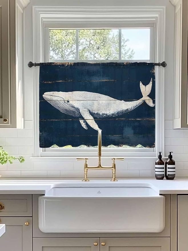 Sheer Curtains 54 Inch Length, Ocean Whale Blue Semi Sheer Curtains Light Filtering Window Treatment, Watercolor Coastal Vintage Wood Grain Privacy Voile Drapes for Living Room Bedroom 52x54 Inch