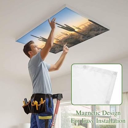 Fluorescent Light Covers for Drop Ceiling Desert Cactus Sunset Magnetic Light Filters, Tropical Plant Natural Scenery Ceiling Shade Filters for Home Classroom Office,2x4 ft,1Pack
