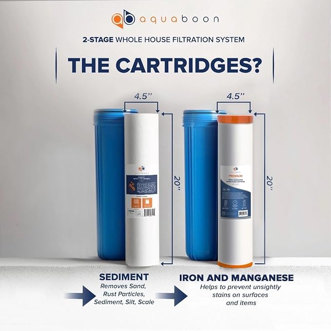 Aquaboon 2-Stage Water Filter System for Well Water w/ 20x4.5 Iron & Manganese, Sediment Filters, Pressure Gauges & Release, Wrench, Iron Bracket