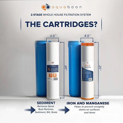 Aquaboon 2-Stage Water Filter System for Well Water w/ 20x4.5 Iron & Manganese, Sediment Filters, Pressure Gauges & Release, Wrench, Iron Bracket