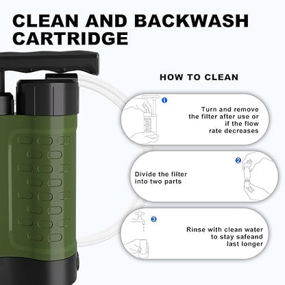 Portable Water Filter Pump, 0.01 Micron Manual Survival Water Purifier for Camping Hiking Backpacking Emergency, Fast Flow Removes Harmful Substances & Sediment (k8188 Green)