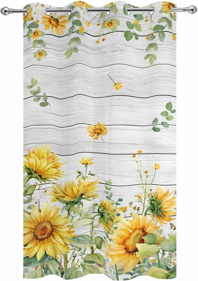 Sunflowers Outdoor Curtains for Patio Summer Floral Eucalyptus Leaf Wood Plank Waterproof Outside Curtains with Grommet Top Weatherproof Curtain for Cabana Pergola Gazebo, 1 Panel, 54" W x 95" L