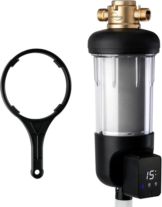 iSpring WSP100ARJ Spin-Down Sediment Water Filter, Upgraded Jumbo Size, Large Capacity, Reusable with Touch-Screen Auto Flushing Module, Brass Top Clear Housing, 100 Microns