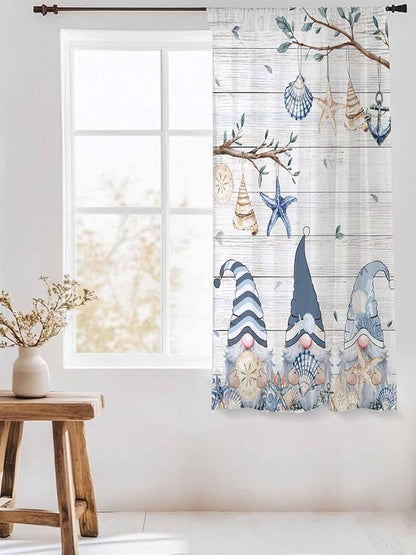 Sheer Curtains 72 Inches Long, Coastal Eucalyptus Semi Sheer Curtains Light Filtering Window Treatment, Ocean Blue Gnomes Starfish Leaf Wood Grain Privacy Voile Drapes for Living Room 52x72 Inch