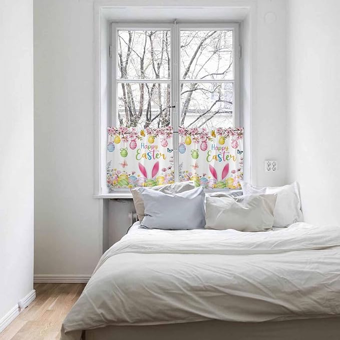 Happy Easter Half Window Curtain 36 Inches Long, Spring Watercolor Bunny Eggs Flower Branch Window Treatment Curtain Drapes, Small Tier Curtains for Bathroom Over Sink, 27.5"x36", 2 Panels