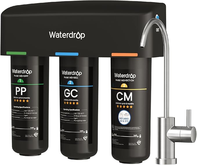 Waterdrop TSB-CM Under Sink Water Filter System Reduce Chloramine, Chlorine for CA, FL and Washington, D.C., Under Sink Water Filtration System with Brushed Nickel Faucet,NSF/ANSI 42 Certified Element