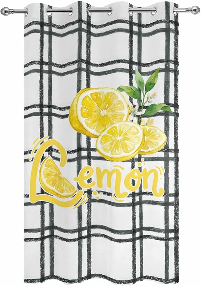 Lemon Outdoor Curtains for Patio Lemon Leaves Summer Plaid Buffalo Waterproof Outside Curtains with Grommet Top Weatherproof Curtain for Cabana Pergola Gazebo, 1 Panel, 54" W x 108" L