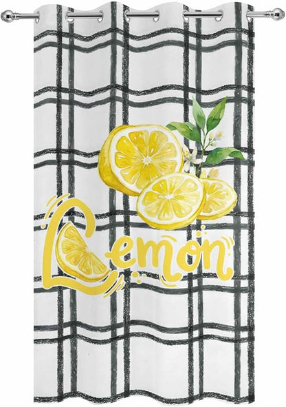 Lemon Outdoor Curtains for Patio Lemon Leaves Summer Plaid Buffalo Waterproof Outside Curtains with Grommet Top Weatherproof Curtain for Cabana Pergola Gazebo, 1 Panel, 54" W x 95" L
