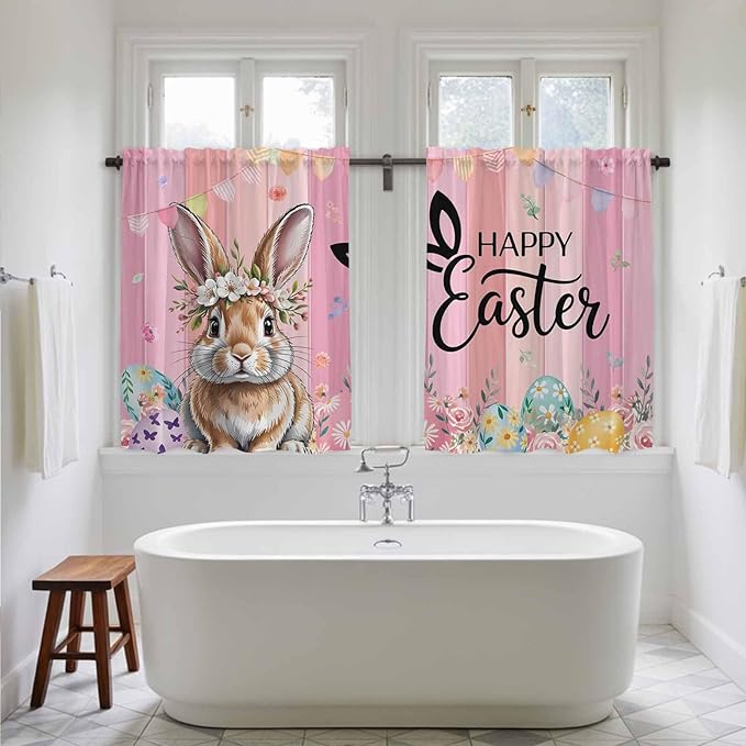 Easter Tier Curtains, Spring Rabbit Eggs Flowers Flags Leaves Wood Grain Light Filtering Kitchen Curtains, 2Pcs Rod Pocket Half Window Treatments Panels for Sink Cafe Cabinet Basement 27.5x45 Inches