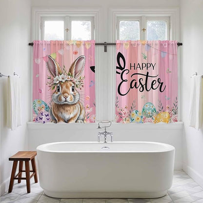 Easter Kitchen Curtains, Spring Rabbit Eggs Flowers Flags Leaves Wood Grain Light Filtering Window Curtain Panels, 2Pcs Rod Pocket Window Treatments Set for RV Dining Room Study Room 42x45 Inches
