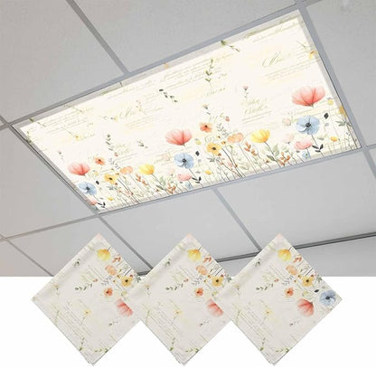 Fluorescent Light Covers for Ceiling Lights Spring Poppy Floral Magnetic Light Filters 3 Pack 4x2 ft Wildflower Vintage Ceiling Lights Cover for Classroom Office School Home Drop Lamp Decor