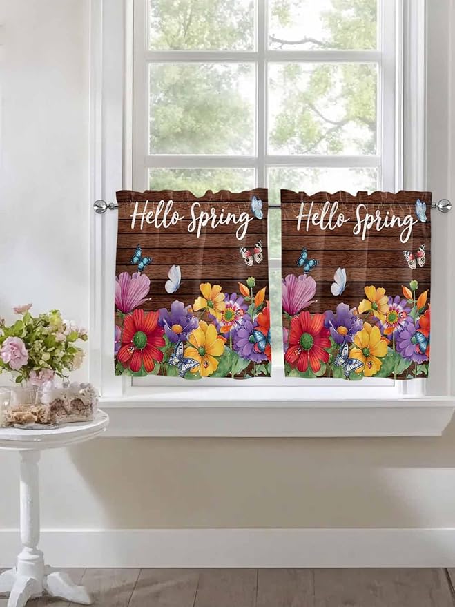 Spring Flowers Half Window Curtain 36 Inches Long, Watercolor Farmhouse Colorful Wooden Grain Window Treatment Curtain Drapes, Small Tier Curtains for Bathroom Over Sink, 27.5"x36", 2 Panels