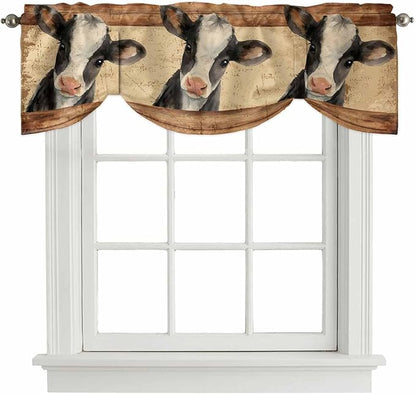 Farmhouse Cow Tie Up Valance Curtains for Windows, Kitchen Curtains Window Shades, Country Vintage Animals Wooden Grain Light Filtering Roman Curtain Valances for Bedroom/Bathroom/Cafe 60"x18"