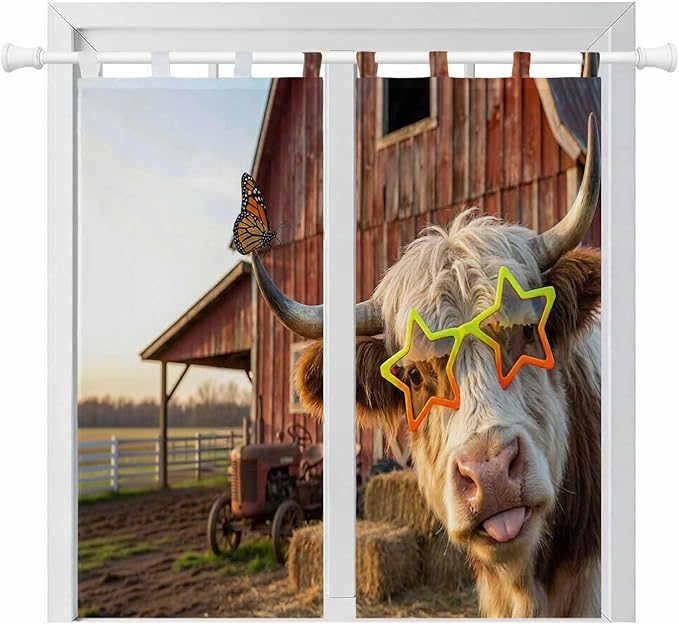 Farm Yaks Bathroom Curtains 63 Inch Length, Window Curtains Tab Top, Farmhouse Barn Funny Animals Butterfly Light Filtering Window Treatments Drapes 52"x63" 2 Panel
