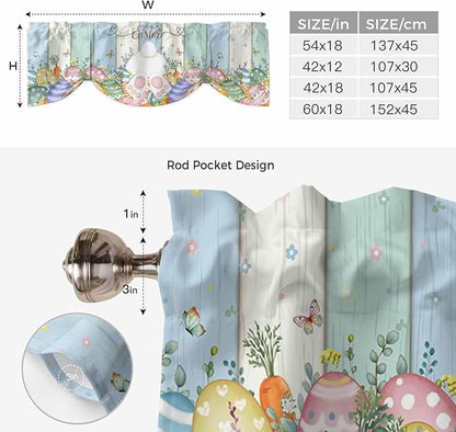 Easter Tie Up Valance Curtains for Windows, Kitchen Curtains Window Shades, Spring Rabbit Ears Foot Flowers Eggs Green Wooden Light Filtering Roman Curtain Valances for Bedroom/Bathroom/Cafe 60"x18"